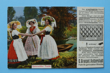 Ansichtskarte AK Spreewald 1910-1920 Tracht Spreewälderinnen Reklame C Graepel Halberstadt Fabrik Architektur Ortsansicht Sachsen Anhalt